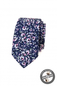 Dunkelblaue schmale Krawatte mit rosa Blumen