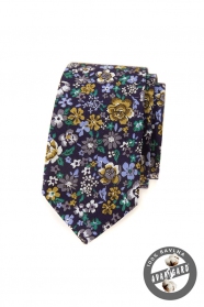 Dunkelviolette schmale Krawatte mit bunten Blumen