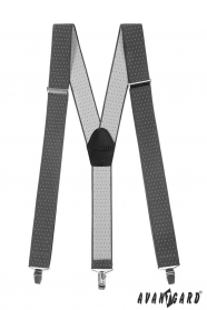 Graue Hosenträger mit Punkten, schwarzem Leder und Metallclips
