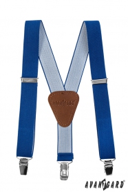 Blaue Hosenträger für Kinder mit braunem Leder und Metallclips