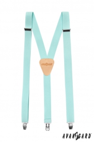 Hosenträger in Y-Form mit Ledermitte mit Clips - azurblau, beiges Leder