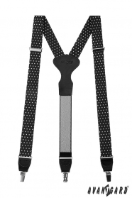 Schwarze Stoffhosenträger mit weißen Tupfen, schwarzem Leder und Metallclips