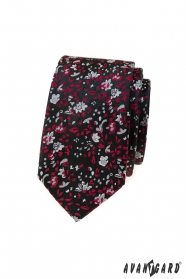 Schwarze schmale Krawatte mit rot-grauem Muster