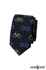 Blaue schmale Krawatte, buntes Fahrradmuster