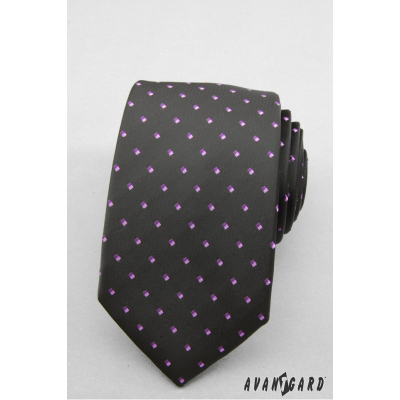 Schwarze, schmale Krawatte mit lila Quadraten