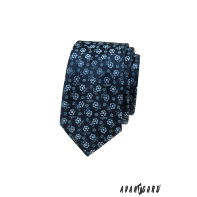 Blaue schmale Krawatte mit Blumenmuster
