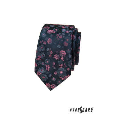 Blaue schmale Krawatte mit rosa Muster