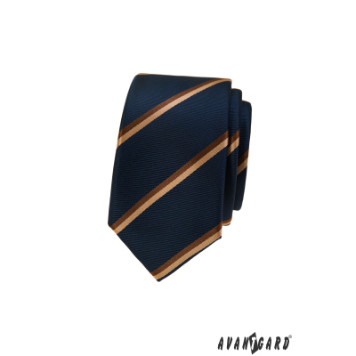 Dunkelblaue schmale Krawatte mit braunem Streifen