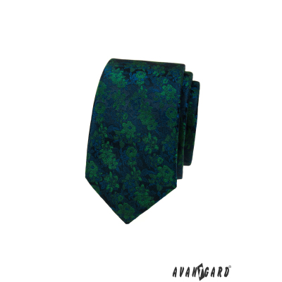 Schmale Krawatte mit blaugrünem Blumenmuster