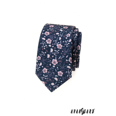 Blaue, schmale Krawatte mit rosa Blüten