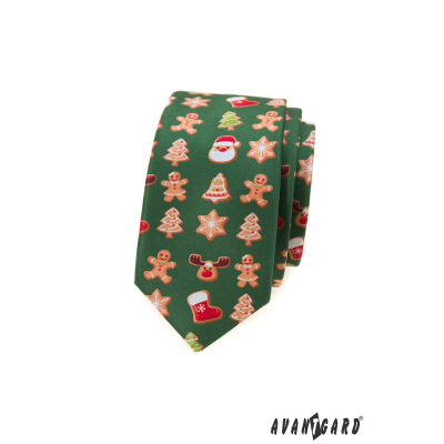 Grüne schmale Krawatte mit Weihnachtsmotiv