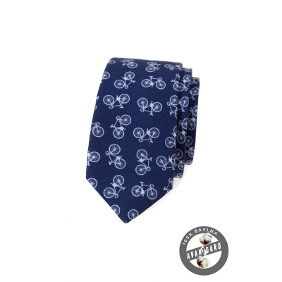 Blaue schmale Krawatte aus Baumwolle mit Fahrradmotiv