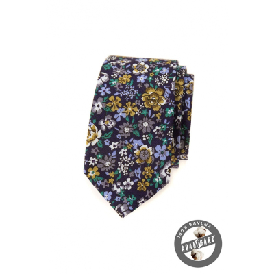 Dunkelviolette schmale Krawatte mit bunten Blumen