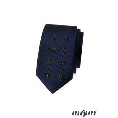 Blaue, schmale Krawatte mit kleinem Paisley-Muster