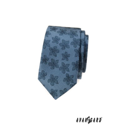 Blaue schmale Krawatte mit dunklem Blumenmuster