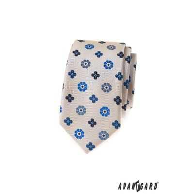 Beigefarbene schmale Krawatte mit blauem Muster