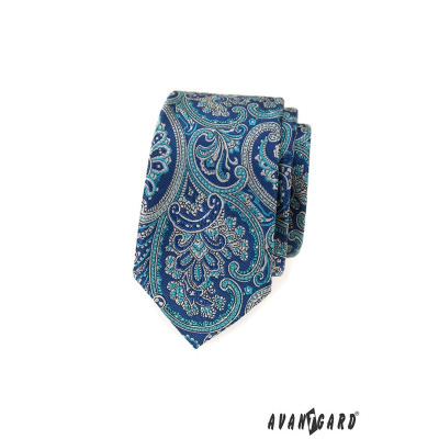 Schmale Krawatte mit blauem Paisley-Motiv