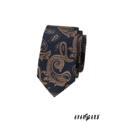 Blaue schmale Krawatte mit braunem Paisley-Motiv