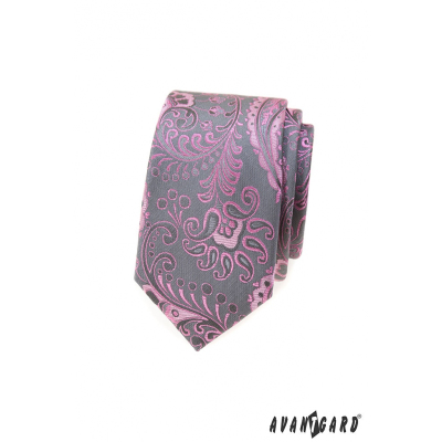 Graue schmale Krawatte mit rosa Paisley-Muster