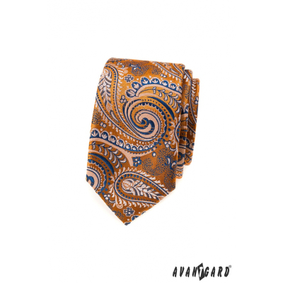 Orange schmale Krawatte mit blauem Paisley-Muster