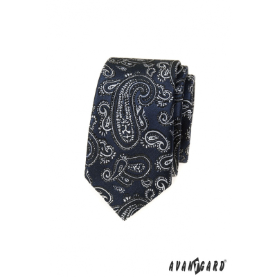 Dunkelblaue schmale Krawatte mit Paisley-Motiv