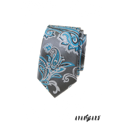 Graue schmale Krawatte mit türkisfarbenem Paisley-Motiv