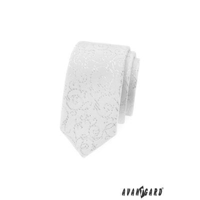 Weiße schmale Krawatte mit silbernen Ornamenten