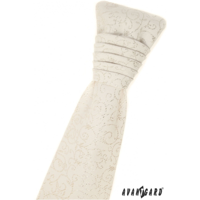 Französische Creme Krawatte mit Einstecktuch - silbernes Muster