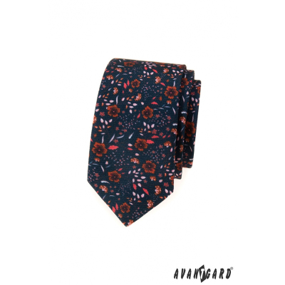 Dunkelblaue schmale Krawatte mit Blumenmuster
