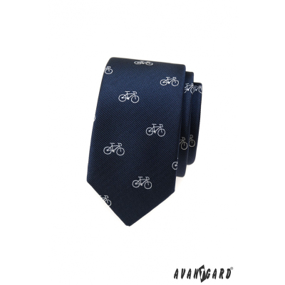 Blaue schmale Krawatte mit weißem Fahrradmotiv