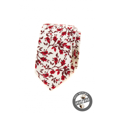 Weiße schmale Krawatte mit roten Blumen