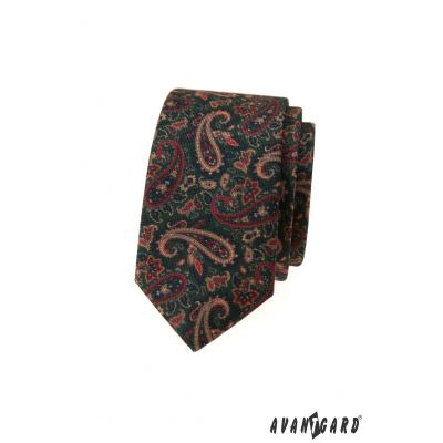 Grüne schmale Krawatte mit buntem Paisley-Muster
