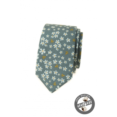 Olivgrüne schmale Krawatte mit Blumenmuster