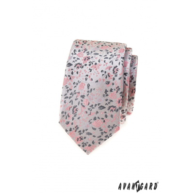 Luxuriöse graue schmale Krawatte mit rosa Muster