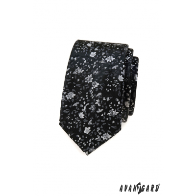 Schwarze schmale Krawatte mit Blumenmuster