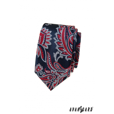 Blaue slim Krawatte mit rotem Paisley-Muster