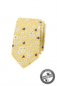 Gelbe schmale Krawatte aus Baumwolle mit weißen Blumen