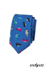 Blaue schmale Krawatte mit bunten Spielzeugautos