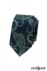 Blaue Slim-Krawatte, grünes Paisley-Muster