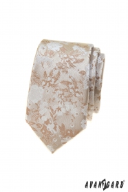 Beige schmale Krawatte mit zartem Blumenmuster