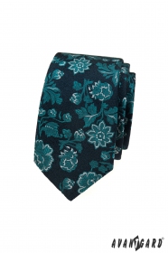 Blaue schmale Krawatte mit Blumenmotiv