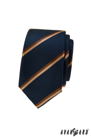 Dunkelblaue schmale Krawatte mit braunem Streifen