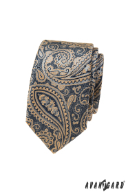 Blaue schmale Krawatte mit beigem Paisley-Motiv
