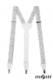 Weiße Stoff-Hosenträger mit Notenmuster, weißem Leder und Metallclips
