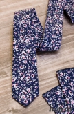 Dunkelblaue schmale Krawatte mit rosa Blumen - Breite 5 cm