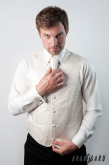 Französische Creme Krawatte mit Einstecktuch - silbernes Muster - uni