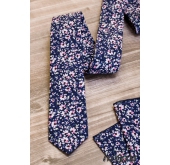 Blaue, schmale Krawatte mit rosa Blüten